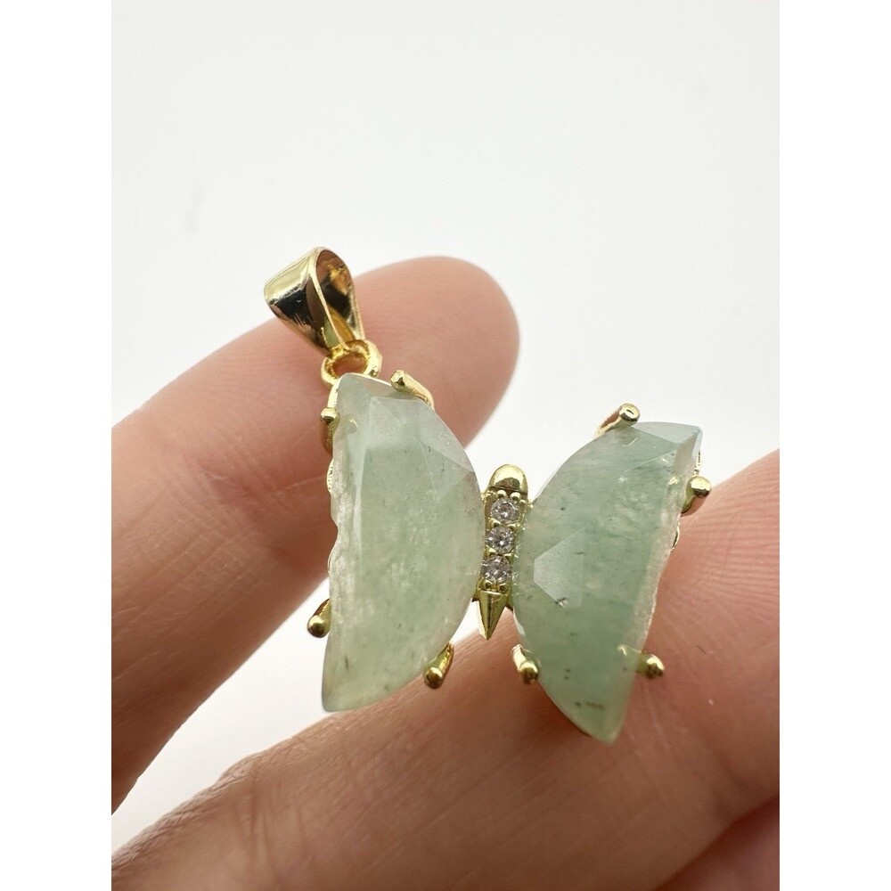Natural Aventurine Jade Butterfly Pendant Gold Tone